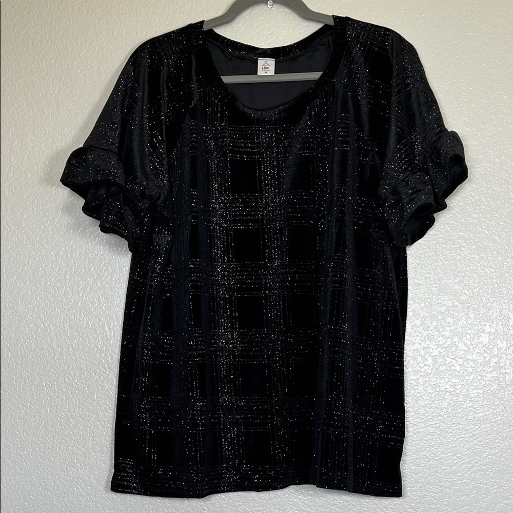 Black velvet top with shimmery plaid print, size 2X